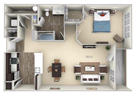 Oxford Kensington Place A 1 bedroom 1 bath furnished floor plan apartment at Kensington Place, Woodbridge, VA, 22191